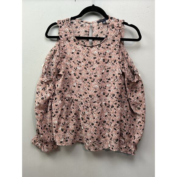 American Eagle Top‎ Womens Small Pink Floral Cold Shoulder Blouse Boho Sheer - Picture 1 of 7